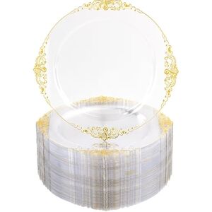 Clear Disposable Party Dessert Plates with Gold Filigree - Elegant Gold Accents